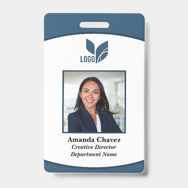 Blue Logo Photo Barcode Employee ID Badge (Front)