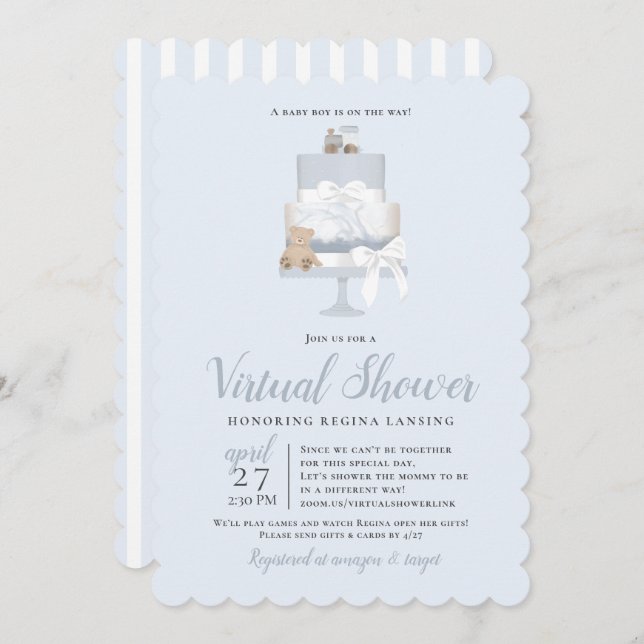 Blue Long Distance Virtual Baby Shower Cake Invitation (Front/Back)