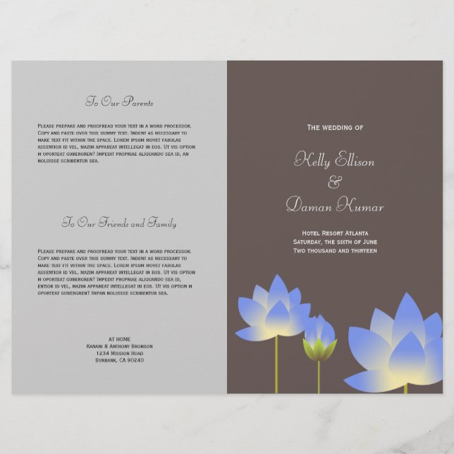 Blue lotus flower modern grey wedding program (Front)