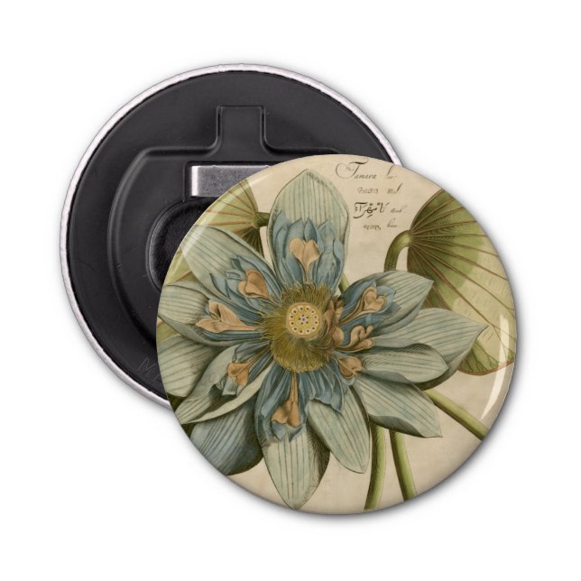 Blue Lotus Flower on Tan Background with Writing Bottle Opener (Front)