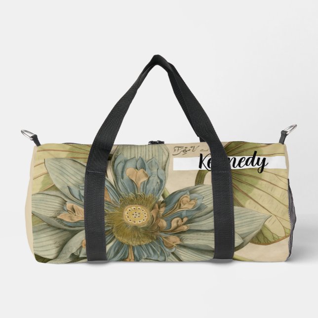 Blue Lotus Flower on Tan Background with Writing Duffle Bag (Front)