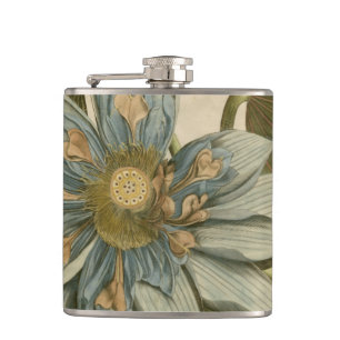 Blue Lotus Flower on Tan Background with Writing Hip Flask