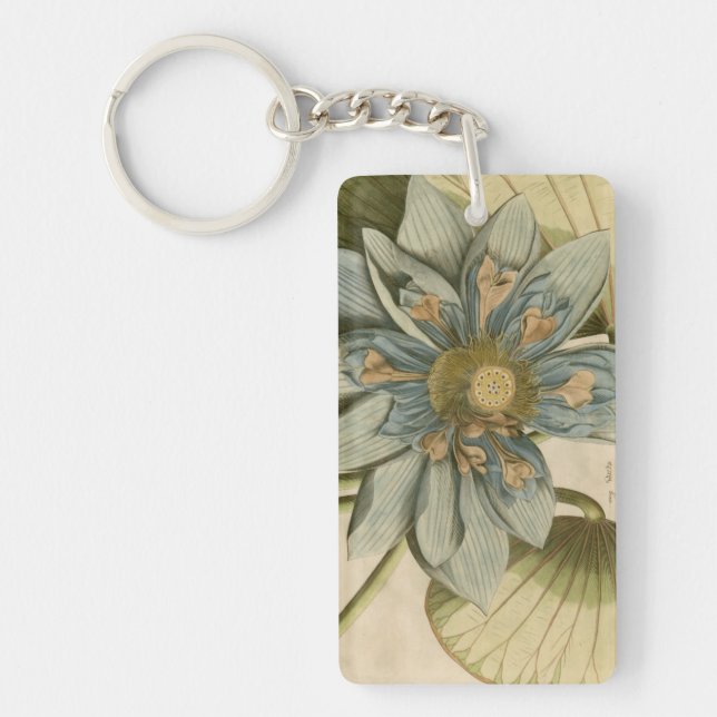 Blue Lotus Flower on Tan Background with Writing Key Ring (Front)