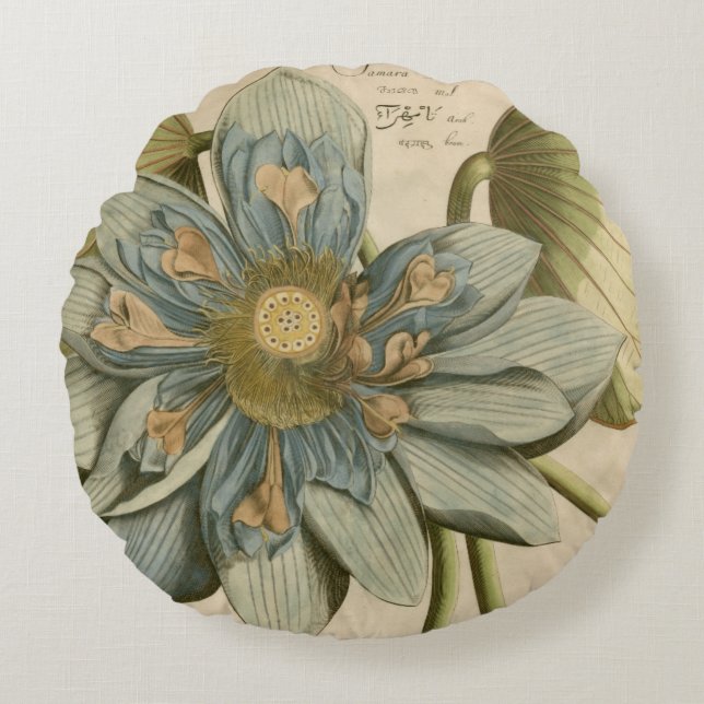 Blue Lotus Flower on Tan Background with Writing Round Cushion (Front)