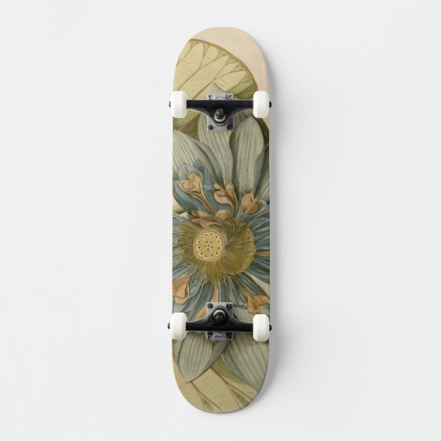 Blue Lotus Flower on Tan Background with Writing Skateboard (Front)