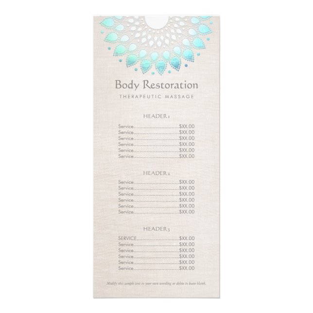 Blue Lotus Health and Wellness Price List Menu (Front)