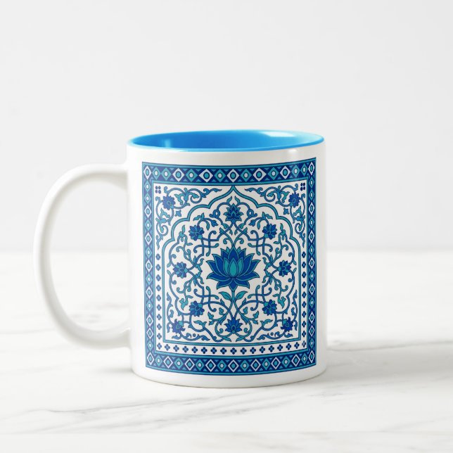 Blue Lotus Mandala Tile Two-Tone Coffee Mug (Left)