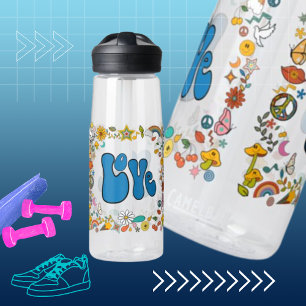 Blue LOVE 70's Theme Shapes & Symbols Water Bottle