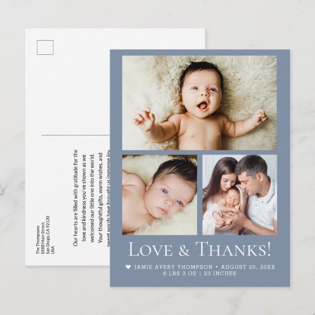 Blue Love and Thanks Baby Photo Birth announcement Postcard (Front/Back)