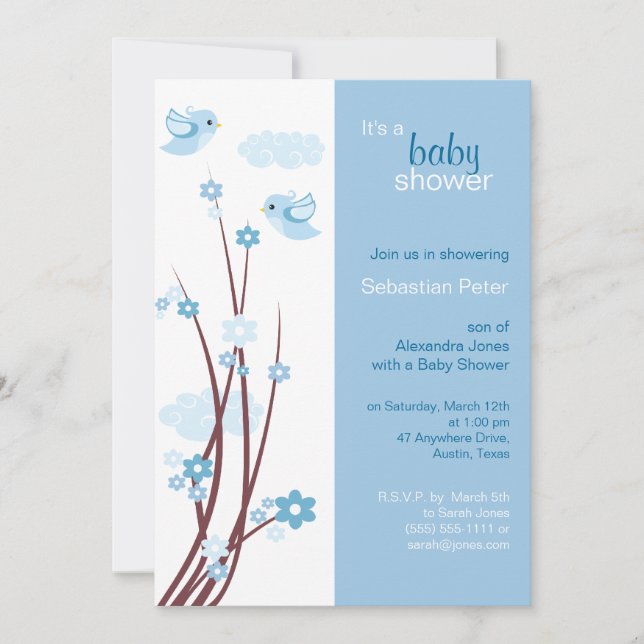 Blue Love Birds Spring Flowers Baby Shower Invitation (Front)
