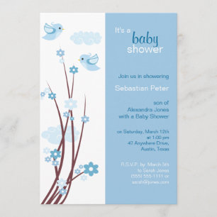 Blue Love Birds Spring Flowers Baby Shower Invitation