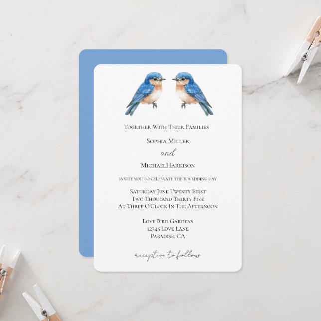Blue Love Birds Wedding Invitation (Front/Back In Situ)