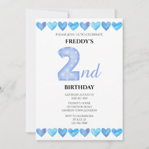 Blue Love Hearts 2nd Birthday Photo Invitation