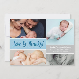 Blue Love & Thanks Photo Collage Baby boy Shower  Thank You Card