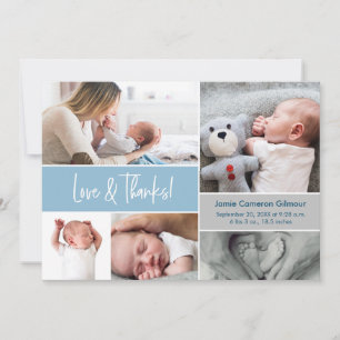 Blue Love & Thanks Photo Collage Baby Shower Thank You Card