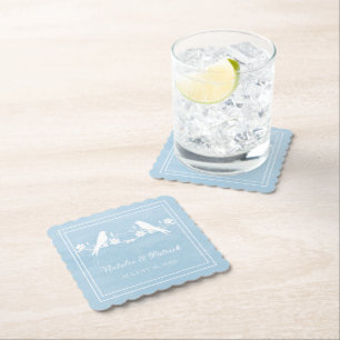 Blue Lovebird Floral Wedding Paper Coasters