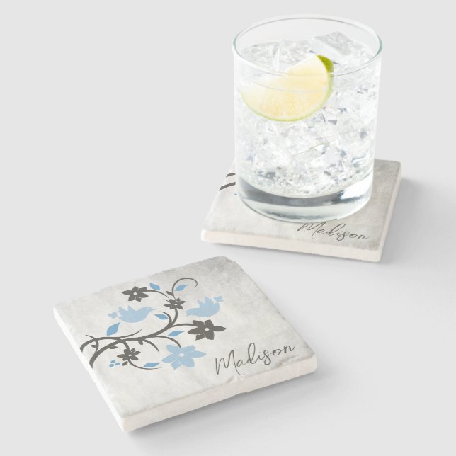 Blue Lovebirds Personalised Stone Coaster (Side)