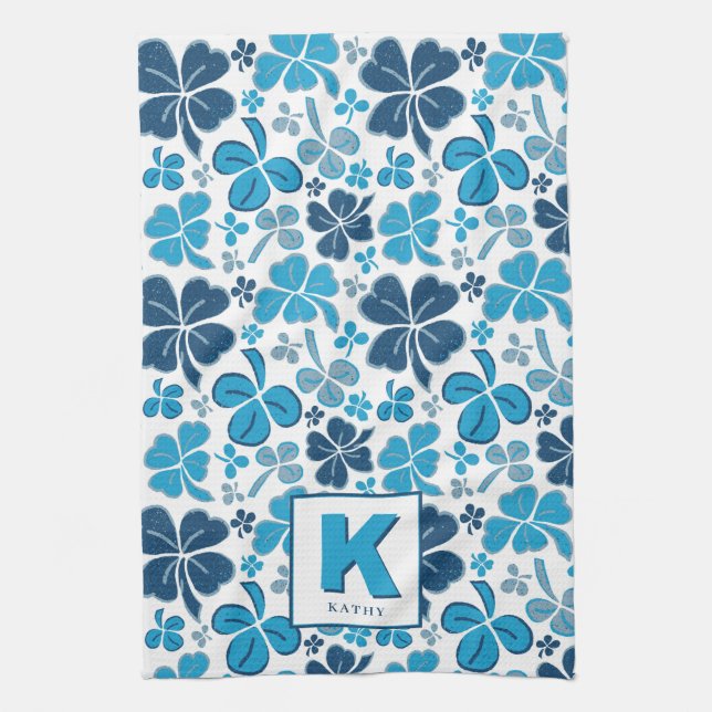 Blue Lucky Shamrock Clover Pattern Monogrammed Tea Towel (Vertical)