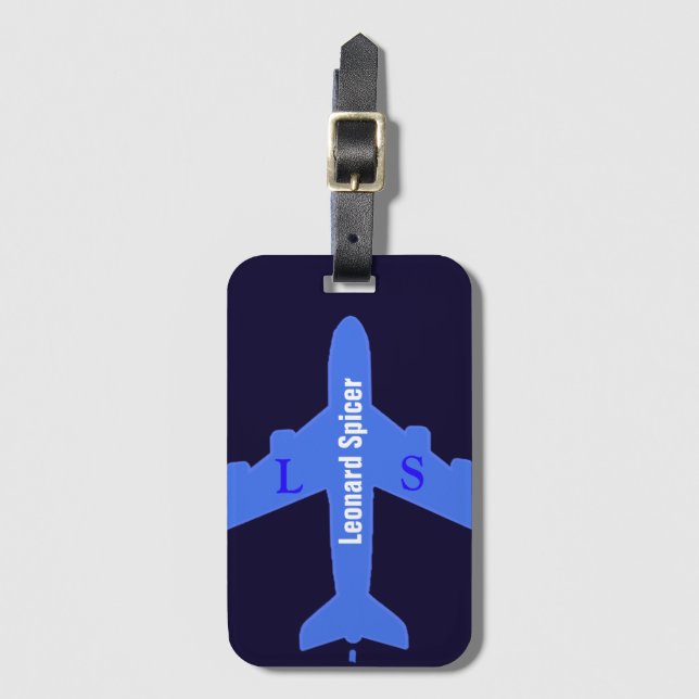 blue luggage tag personalised with name & initials (Front Vertical)