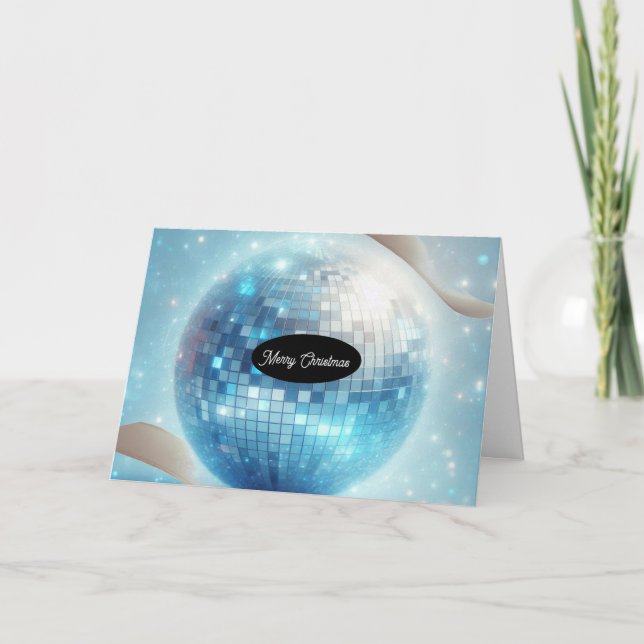Blue Luminous Disco Ball Christmas  Holiday Card (Front)