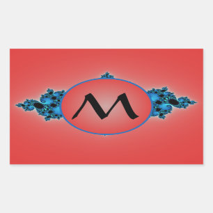 Blue Lush, fractal arabesque with red monogram Rectangular Sticker