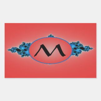 Blue Lush, fractal arabesque with red monogram Rectangular Sticker