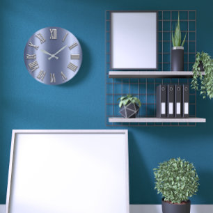 Blue Lux Grey Metal Grey Silver Roman Number Large Clock