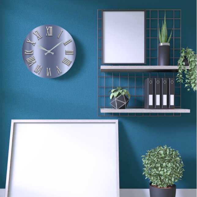 Blue Lux Grey Metal Grey Silver Roman Number Large Clock (Blue Lux Gray Metal Grey Silver Roman Number Large Clock)