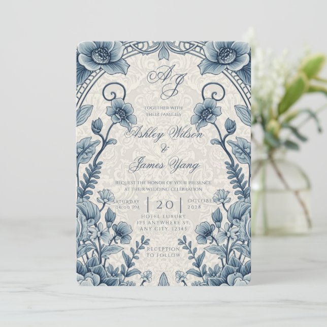 Blue Luxurious Floral Botanical Wedding Invitation (Standing Front)