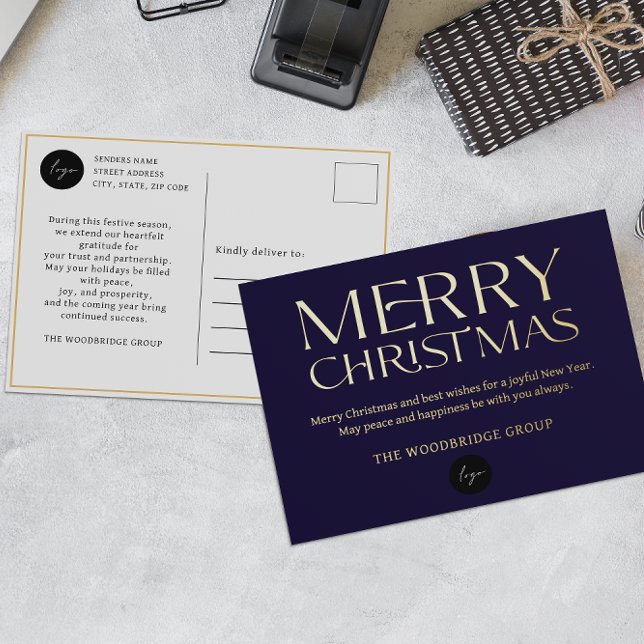BLUE Luxury Corporate logo Elegant Font  Foil Holiday Postcard (Creator Uploaded)