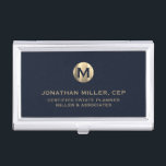 Blue Luxury Gold Initial Logo Business Card Holder<br><div class="desc">Simple modern luxury design with brushed metallic gold initial logo medallion with personalised name,  title,  company name or custom text below in classic block typography on a dark blue background. Personalise for your custom use.</div>