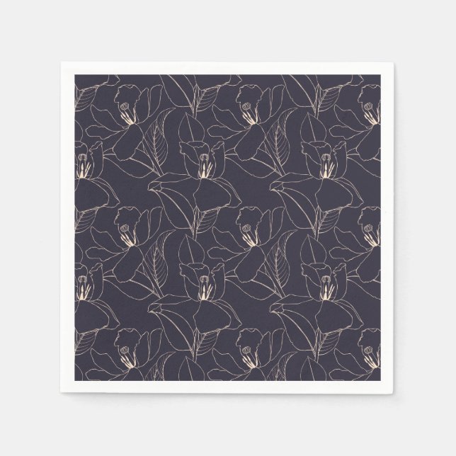 Blue magenta lily foliage wheat tan line drawing napkin (Front)
