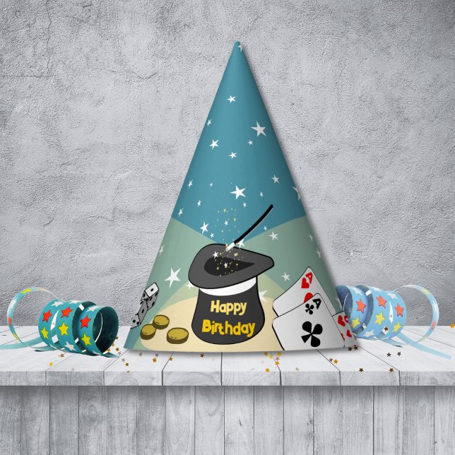 Blue Magic Show Kids Happy Birthday Party Hat (Magic Show Happy Birthday Blue Kids Party Hat, Custom Text, Color)