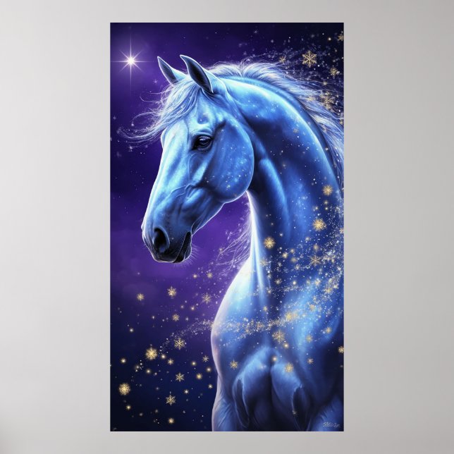 Blue Magical Horse Under Starry Night Sky Poster (Front)