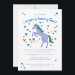 Blue Magical Rainbow Unicorn Birthday Invitation<br><div class="desc">When they want a unicorn themed birthday party, you give them a unicorn theme celebration. This periwinkle blue, cute, whimsical birthday party invitation features a textural, illustrated periwinkle blue unicorn with a bright rainbow mane and tail hair surrounded by a scatter of hearts and magic sparkles. The text of this...</div>