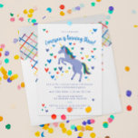 Blue Magical Rainbow Unicorn Birthday Invitation<br><div class="desc">When they want a unicorn themed birthday party, you give them a unicorn theme celebration. This periwinkle blue, cute, whimsical birthday party invitation features a textural, illustrated periwinkle blue unicorn with a bright rainbow mane and tail hair surrounded by a scatter of hearts and magic sparkles. The text of this...</div>