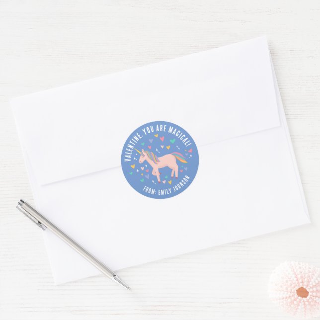 Blue Magical Unicorn Classroom Valentine Gift Classic Round Sticker (Envelope)
