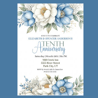 Blue Magnolia and Peony 10th Wedding Anniversary Invitation