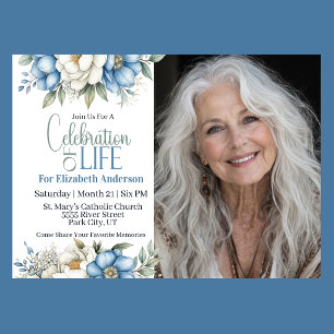 Blue Magnolia and Peony Celebration Of Life Invitation