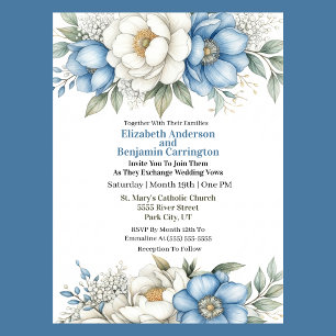 Blue Magnolia and Peony Flower Wedding Invitation