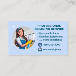 Blue Maid Cartoon Cleaning Services Janitorial Business Card