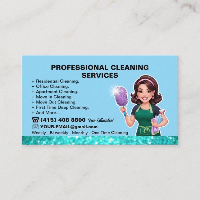 Blue Maid Janitorial Lady Cleaning Service Business Card (Front)