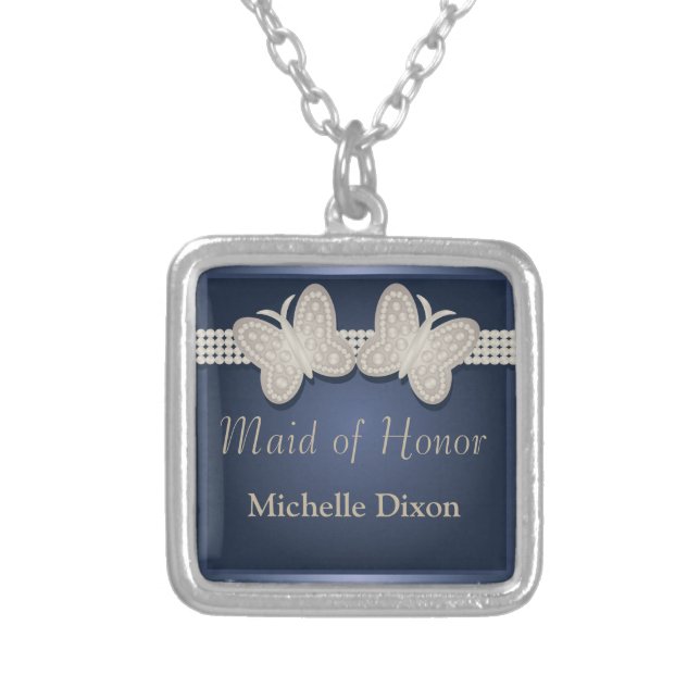 Blue Maid of Honour Wedding Butterfly Necklace (Front)