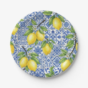 Blue Maiolica Tile, Sicilian Lemon Paper Plate
