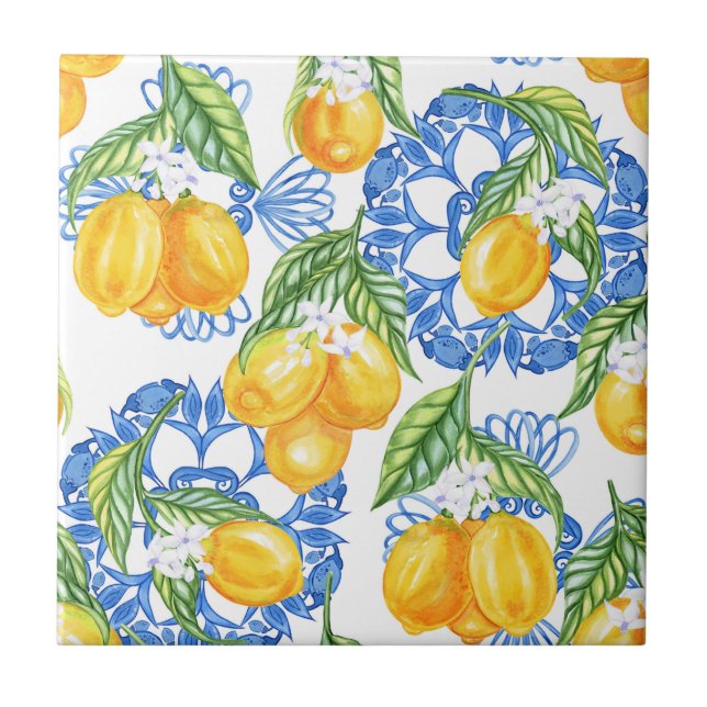 Blue Majolica Tile and Watercolor Lemons (Front)