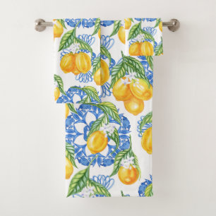 Blue Majolica Tile and Watercolor Lemons Bath Towel Set
