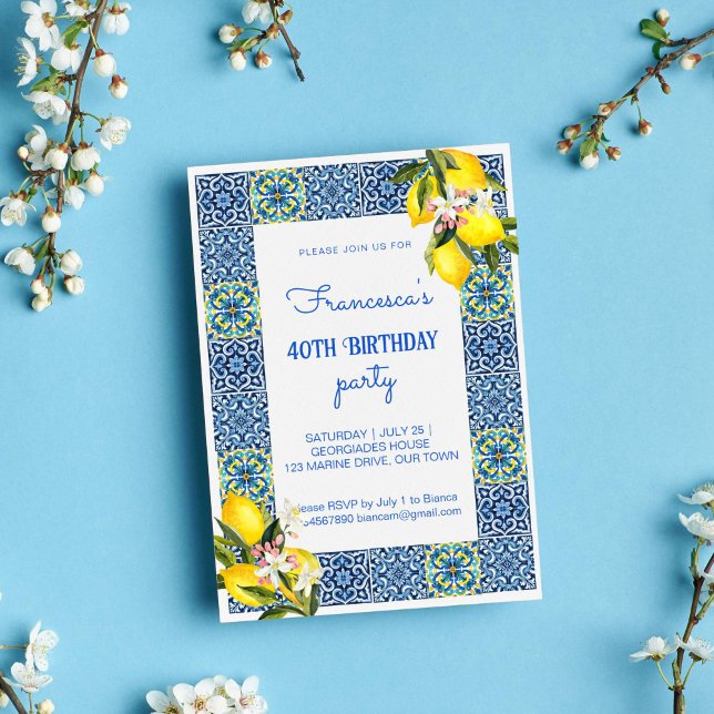 Blue Majolica Tiles lemons Mediterranean birthday Invitation (Blue Majolica Tiles lemons Mediterranean themed birthday Invitation template instant download)