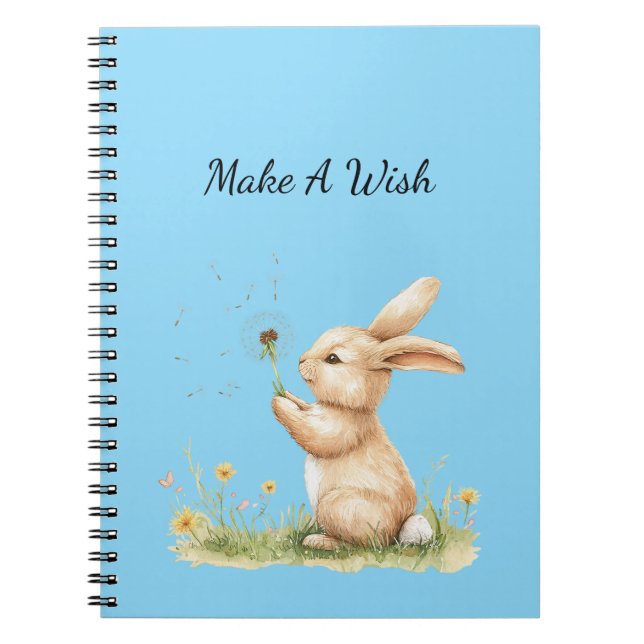 Blue Make A Wish Bunny Dandelion Flower Notebook (Front)