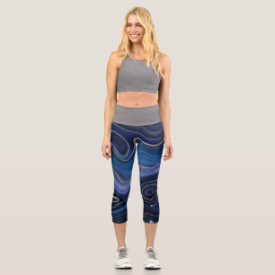 Blue Malachite Golden Accents Luxury Chic Gemstone Capri Leggings