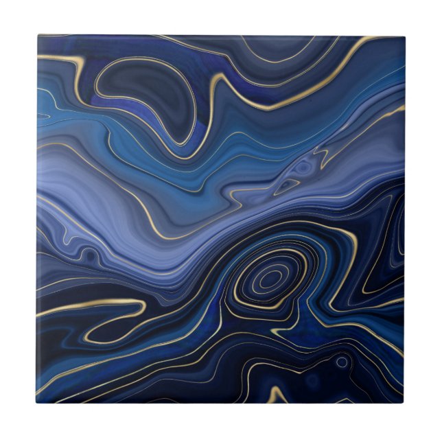 Blue Malachite Golden Accents Luxury Chic Gemstone Tile (Front)